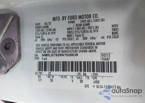 2022 Ford Transit Connect Xl из США, поврежденный, VIN NM0LS7S28N1528639